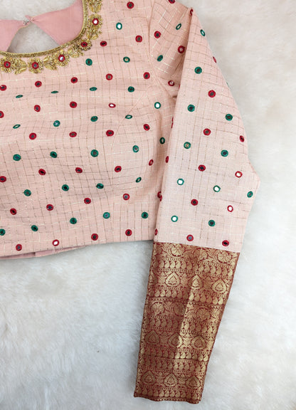 Peach Mirror Work Blouse with Brocade Sleeves