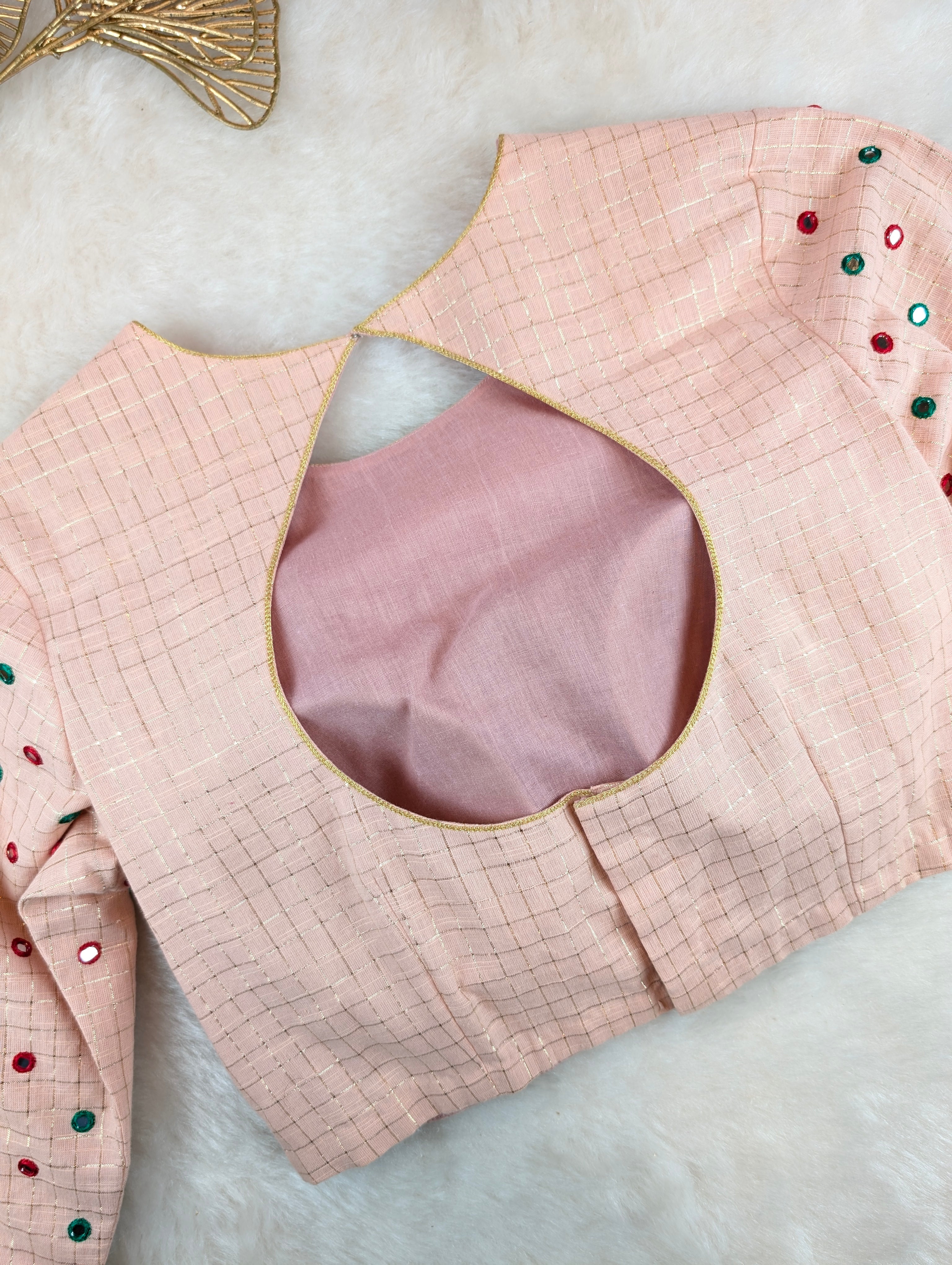 Peach Mirror Work Blouse with Brocade Sleeves