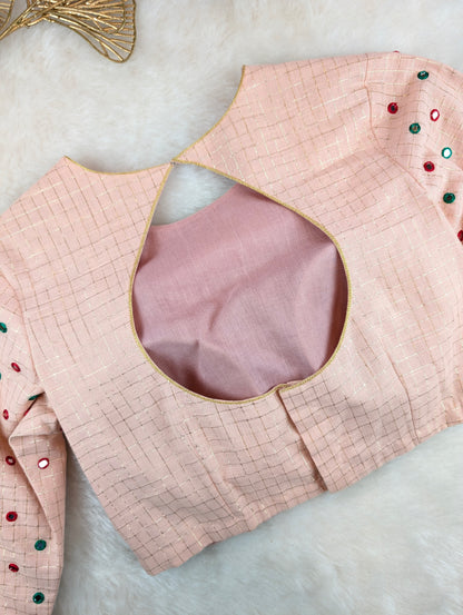 Peach Mirror Work Blouse with Brocade Sleeves