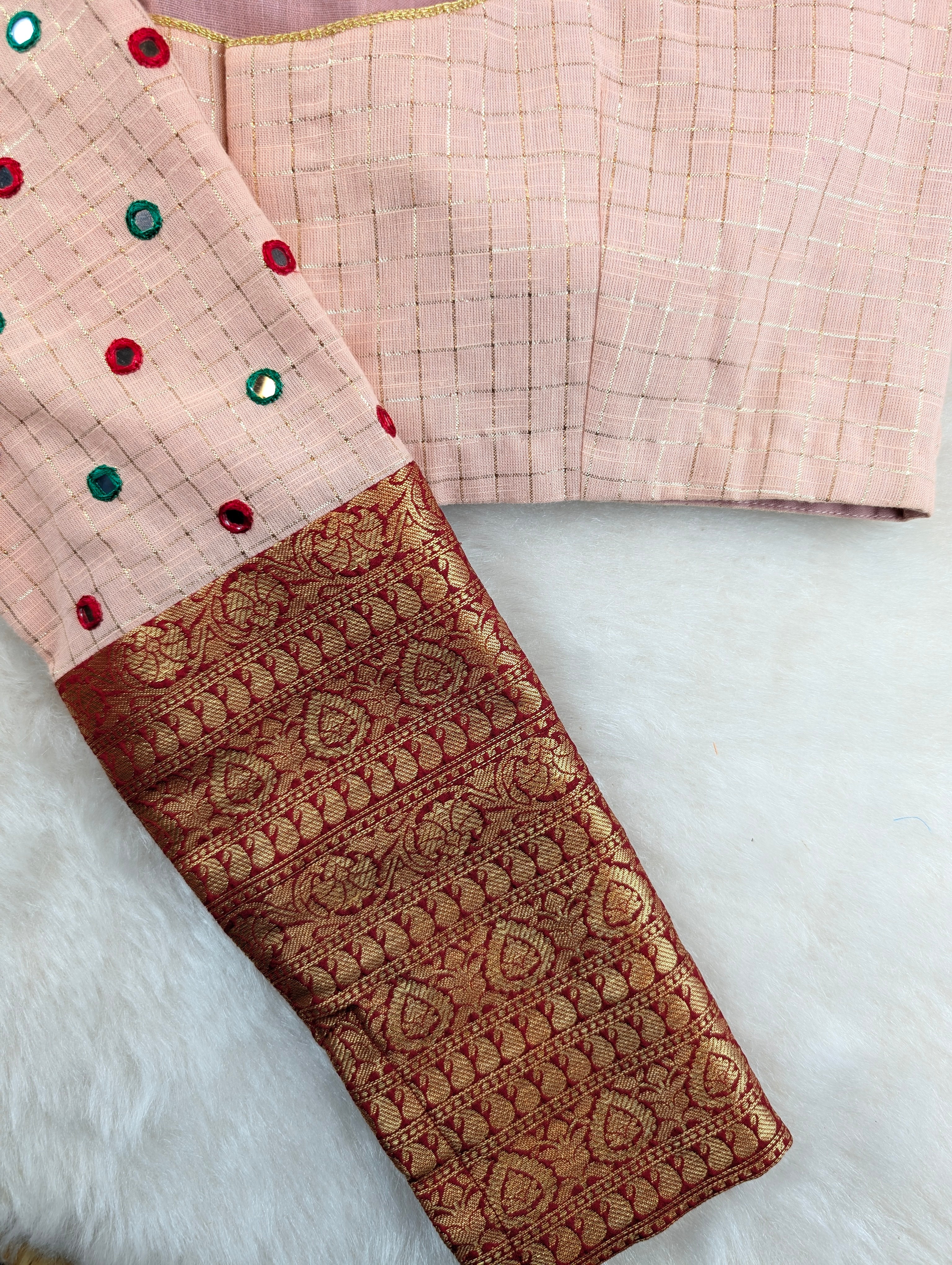 Peach Mirror Work Blouse with Brocade Sleeves