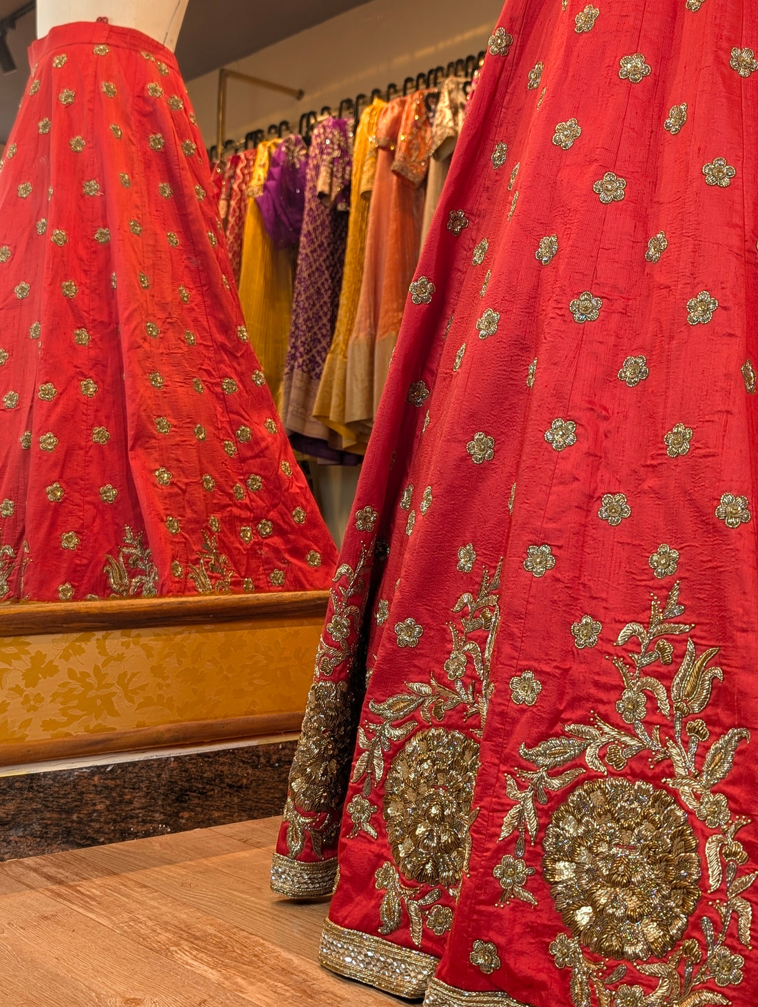 Classic Red Silk Lehenga with Antique Gold Embroidery - only skirt