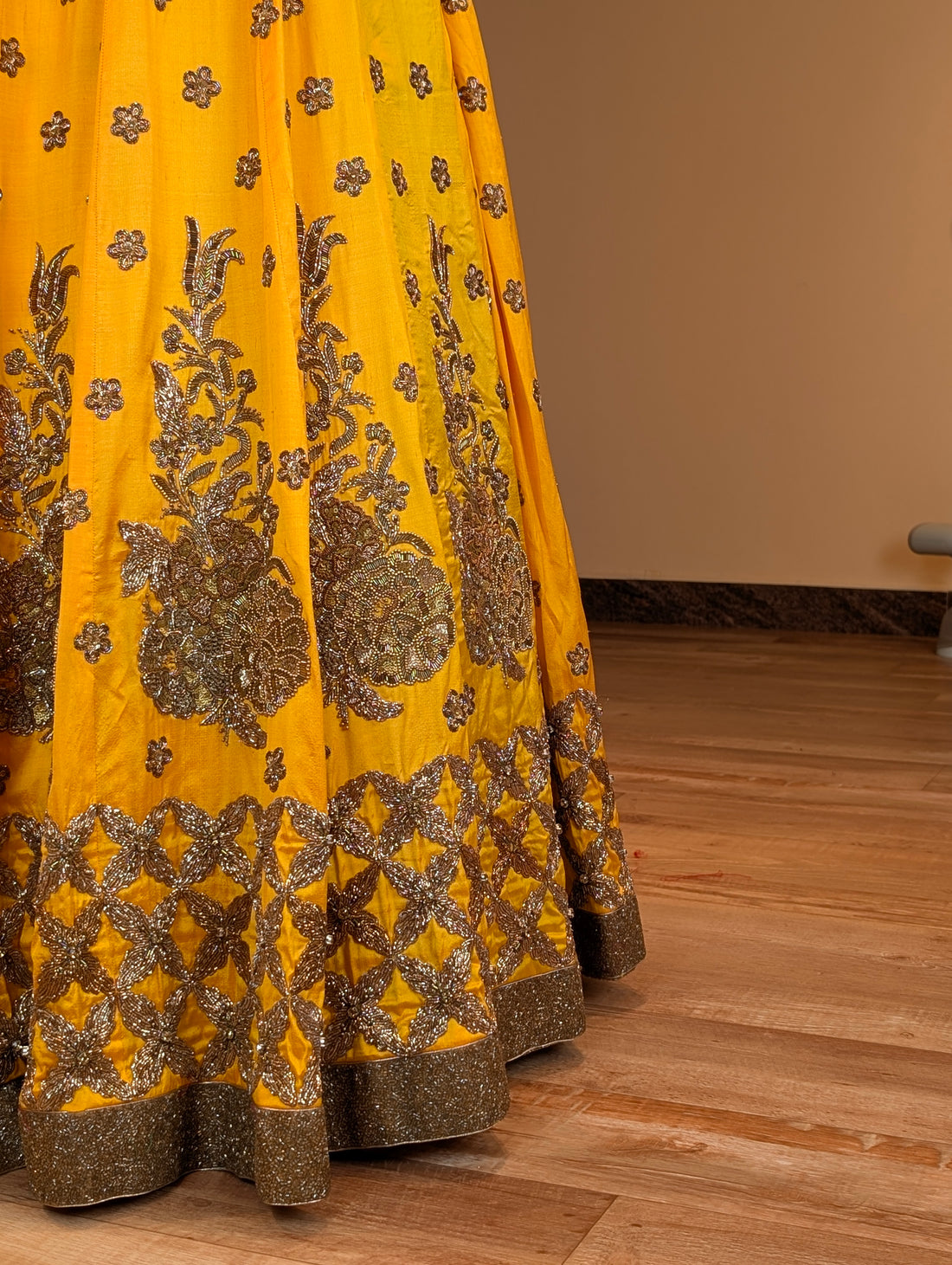 Sunshine Yellow Lehenga with Heavy Antique Gold Embroidery - Only Skirt