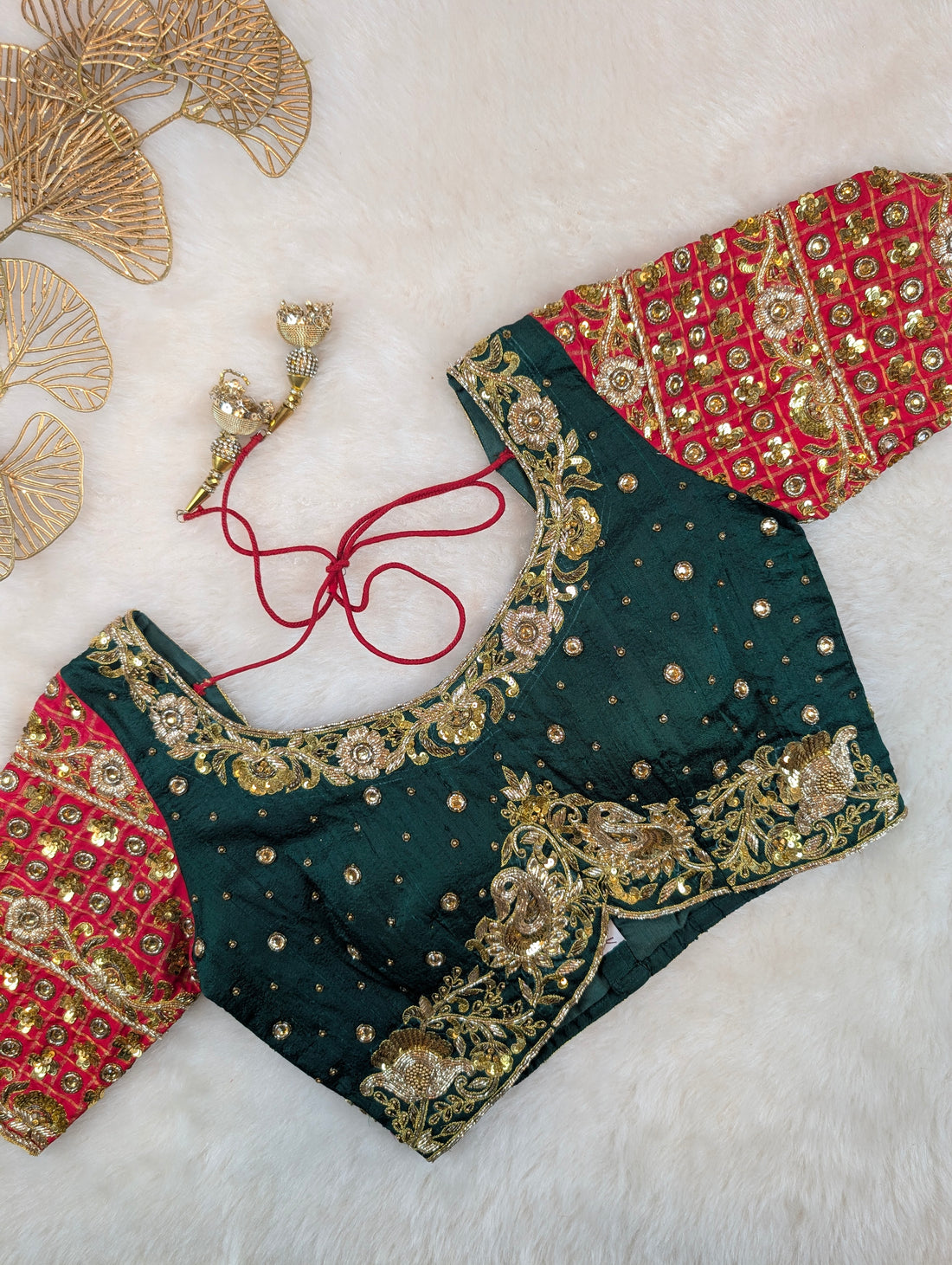 Emerald Green &amp; Red Hand-Embroidered Zari Blouse