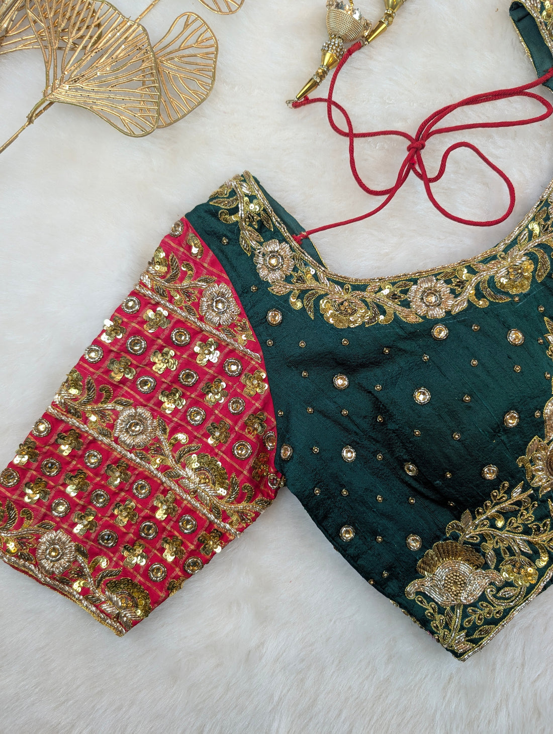 Emerald Green &amp; Red Hand-Embroidered Zari Blouse