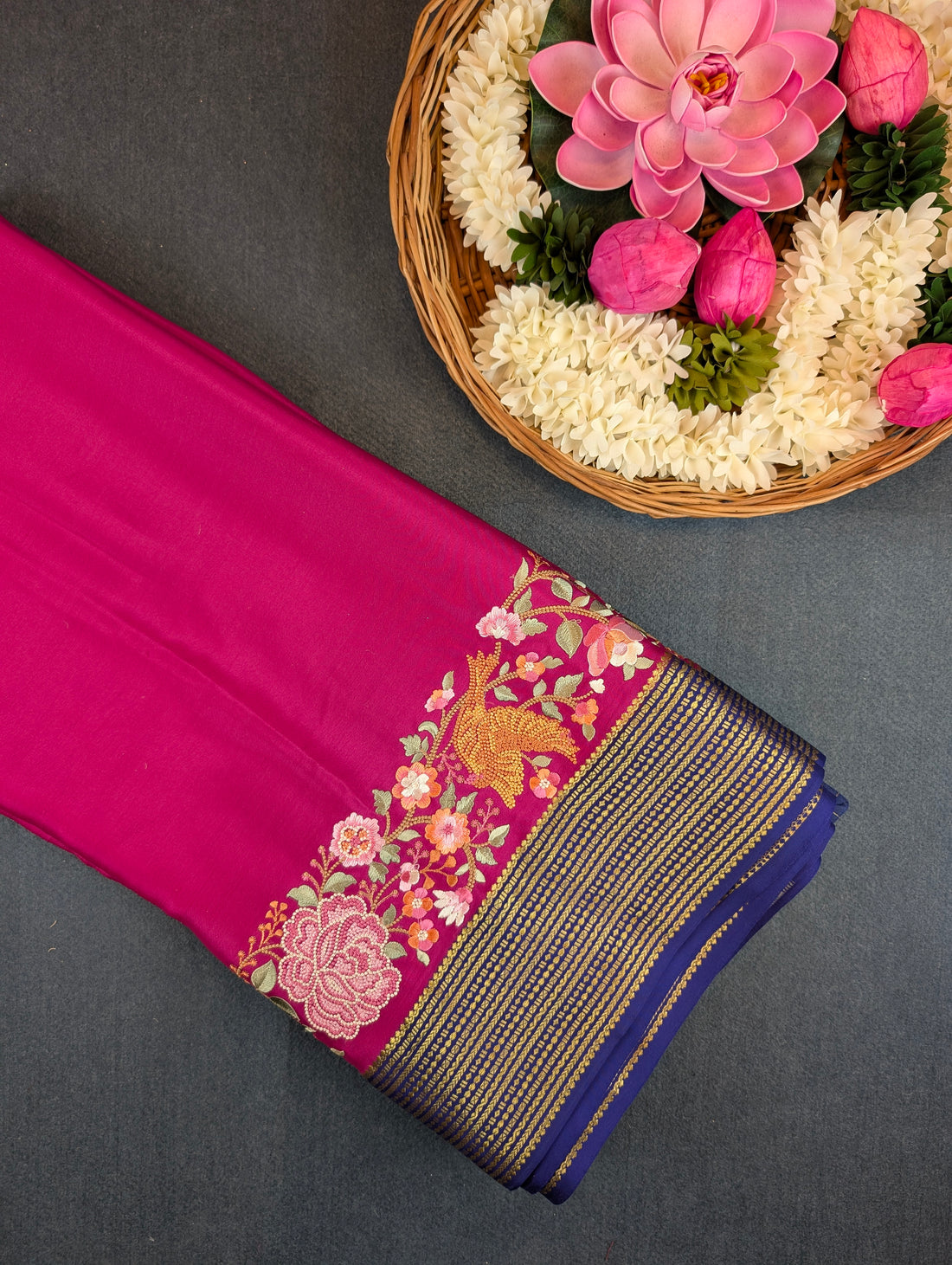 Pure Mysore Silk Crepe - Rani Pink with Blue