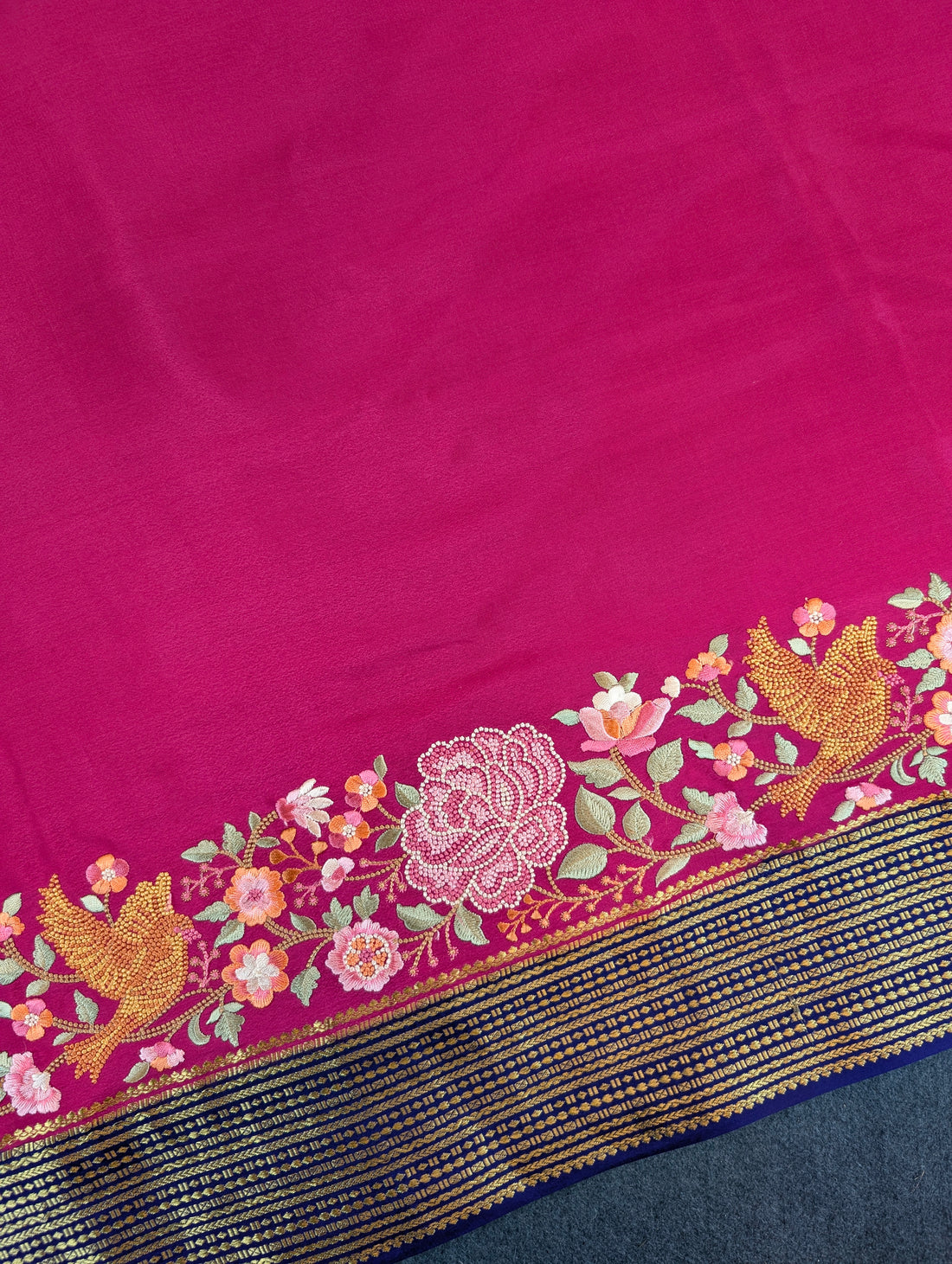 Pure Mysore Silk Crepe - Rani Pink with Blue