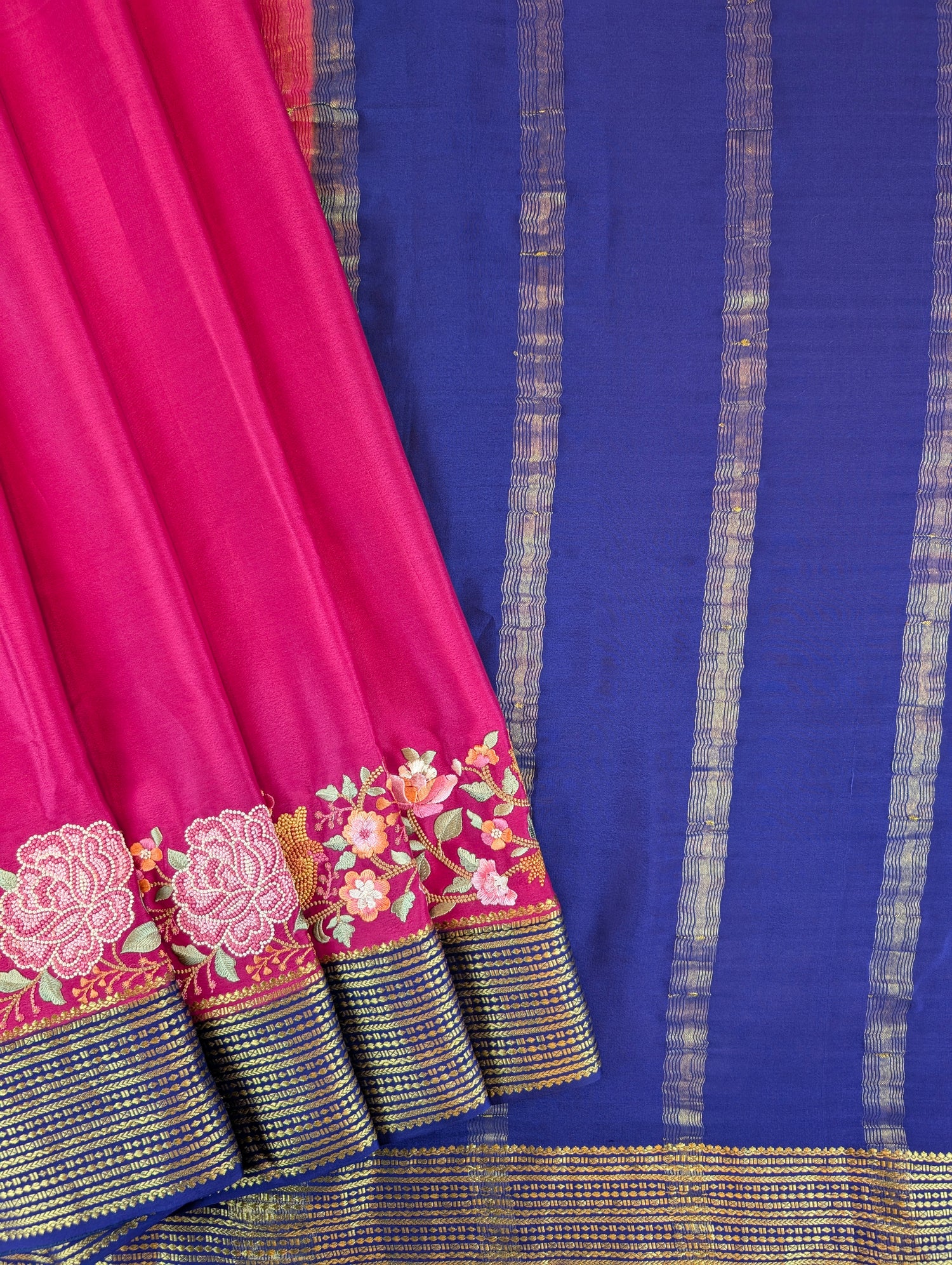 Pure Mysore Silk Crepe - Rani Pink with Blue