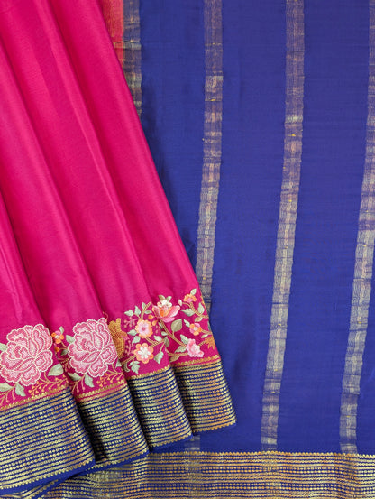 Pure Mysore Silk Crepe - Rani Pink with Blue