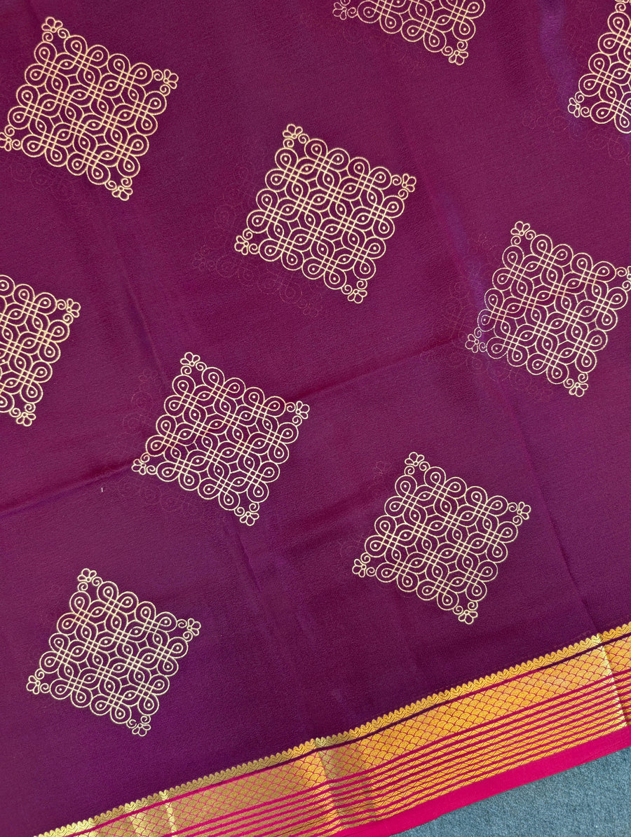 Pure Mysore Silk Crepe - Elegant Maroon Saree with Intricate Muggu Design