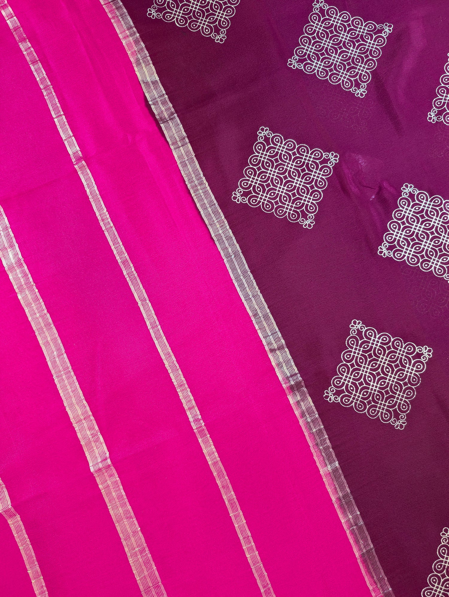 Pure Mysore Silk Crepe - Elegant Maroon Saree with Intricate Muggu Design
