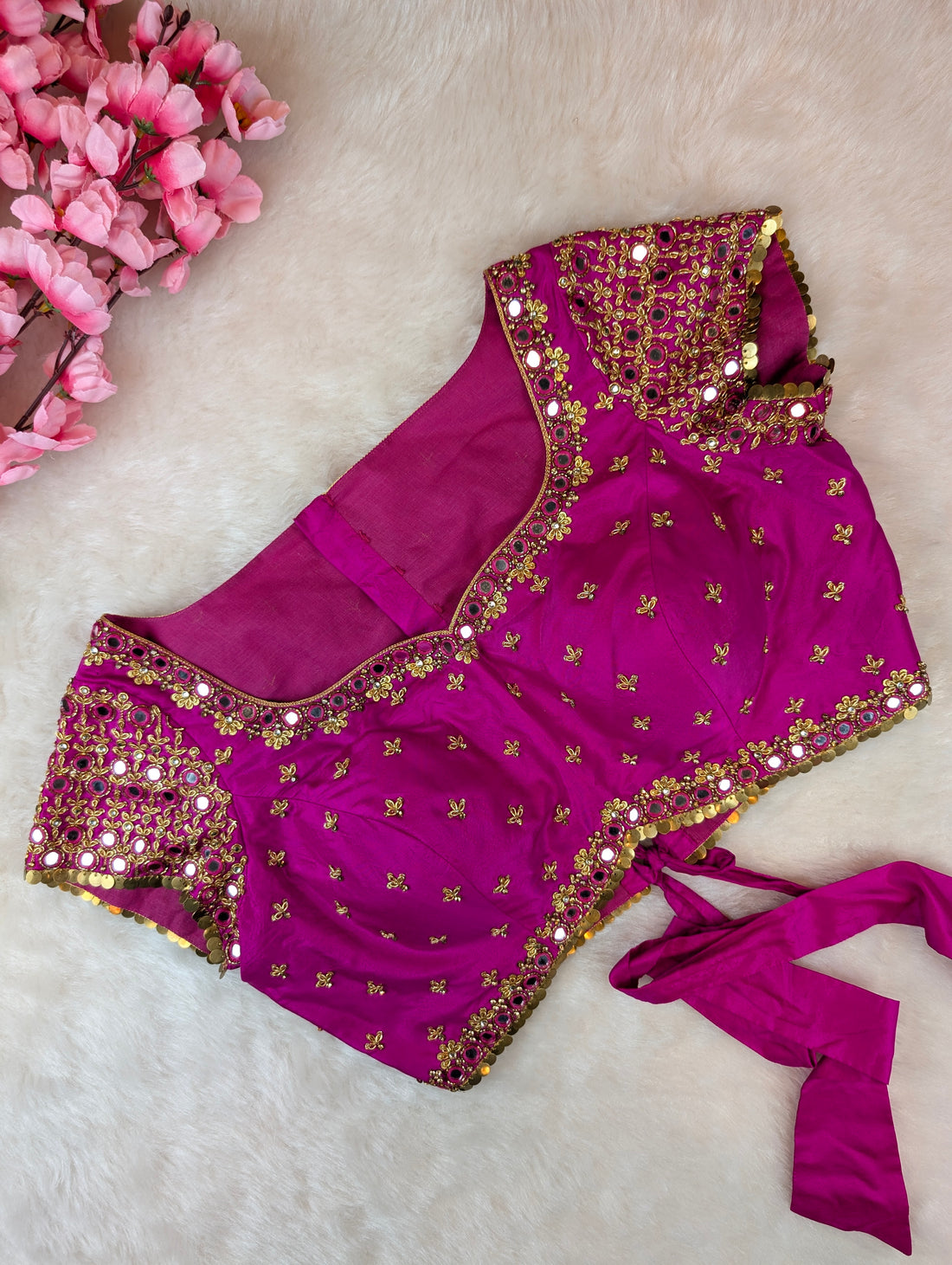 Mirror-Work Pink Tie-Back Blouse