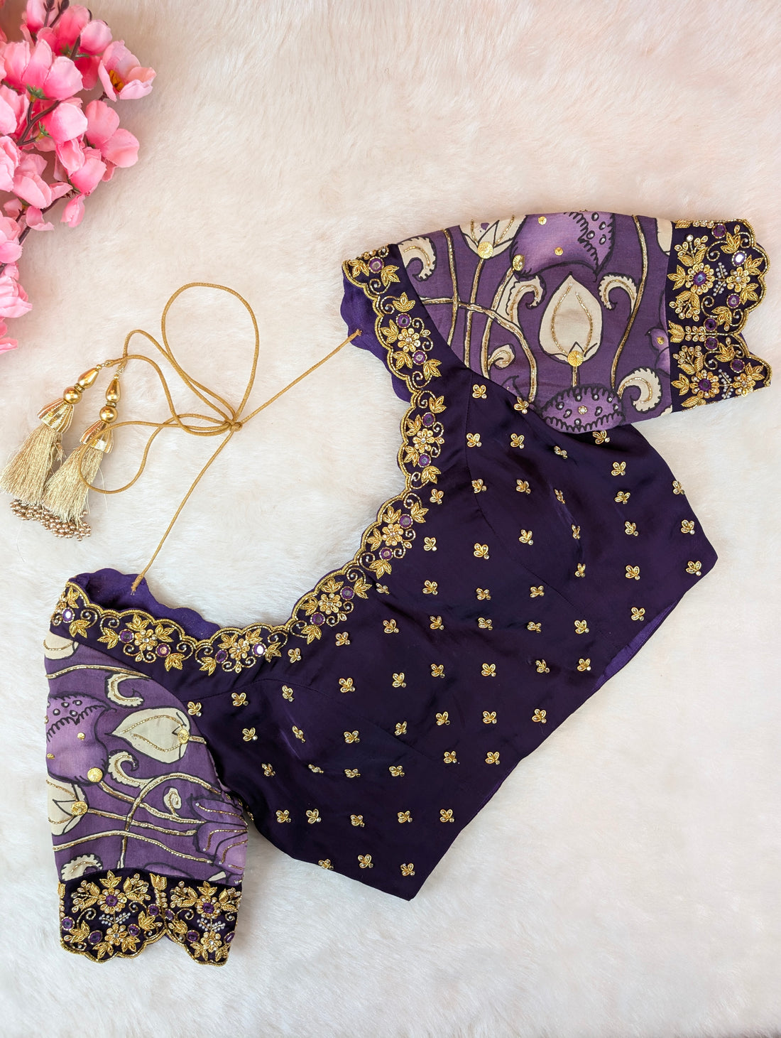 Violet Embroidered Blouse with Pen Kalamkari Sleeves