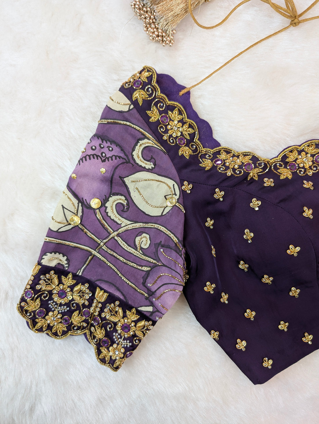 Violet Embroidered Blouse with Pen Kalamkari Sleeves