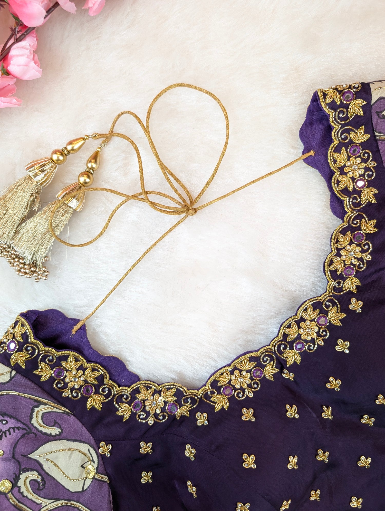Violet Embroidered Blouse with Pen Kalamkari Sleeves