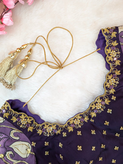 Violet Embroidered Blouse with Pen Kalamkari Sleeves