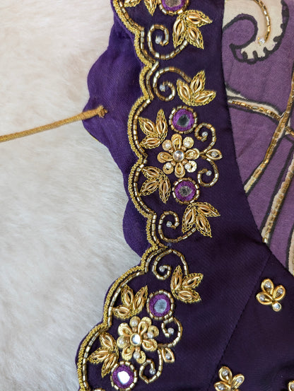 Violet Embroidered Blouse with Pen Kalamkari Sleeves