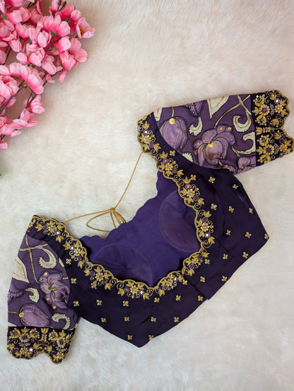 Violet Embroidered Blouse with Pen Kalamkari Sleeves