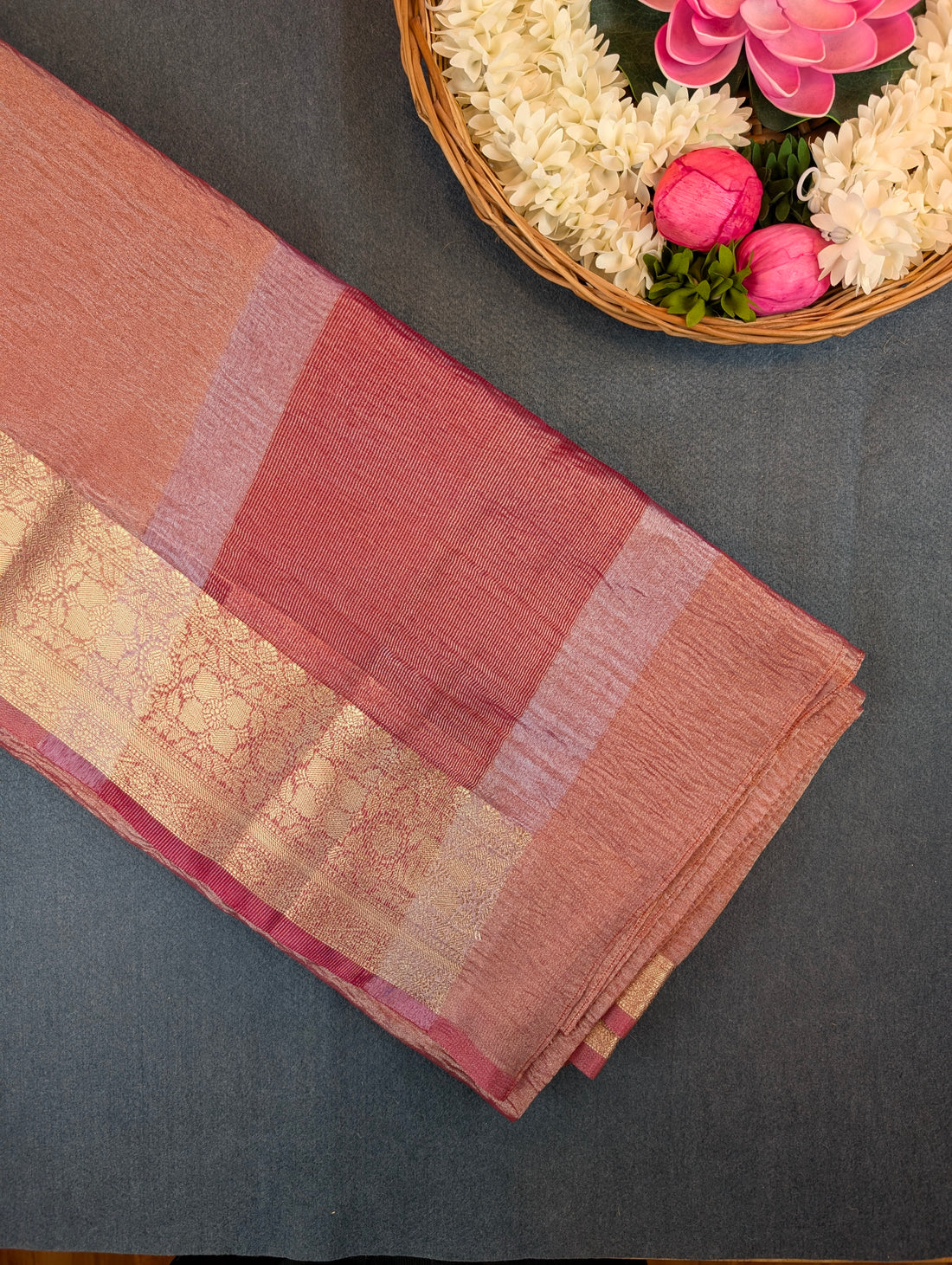 Rose Pink Tissue Saree with Stitched Blouse