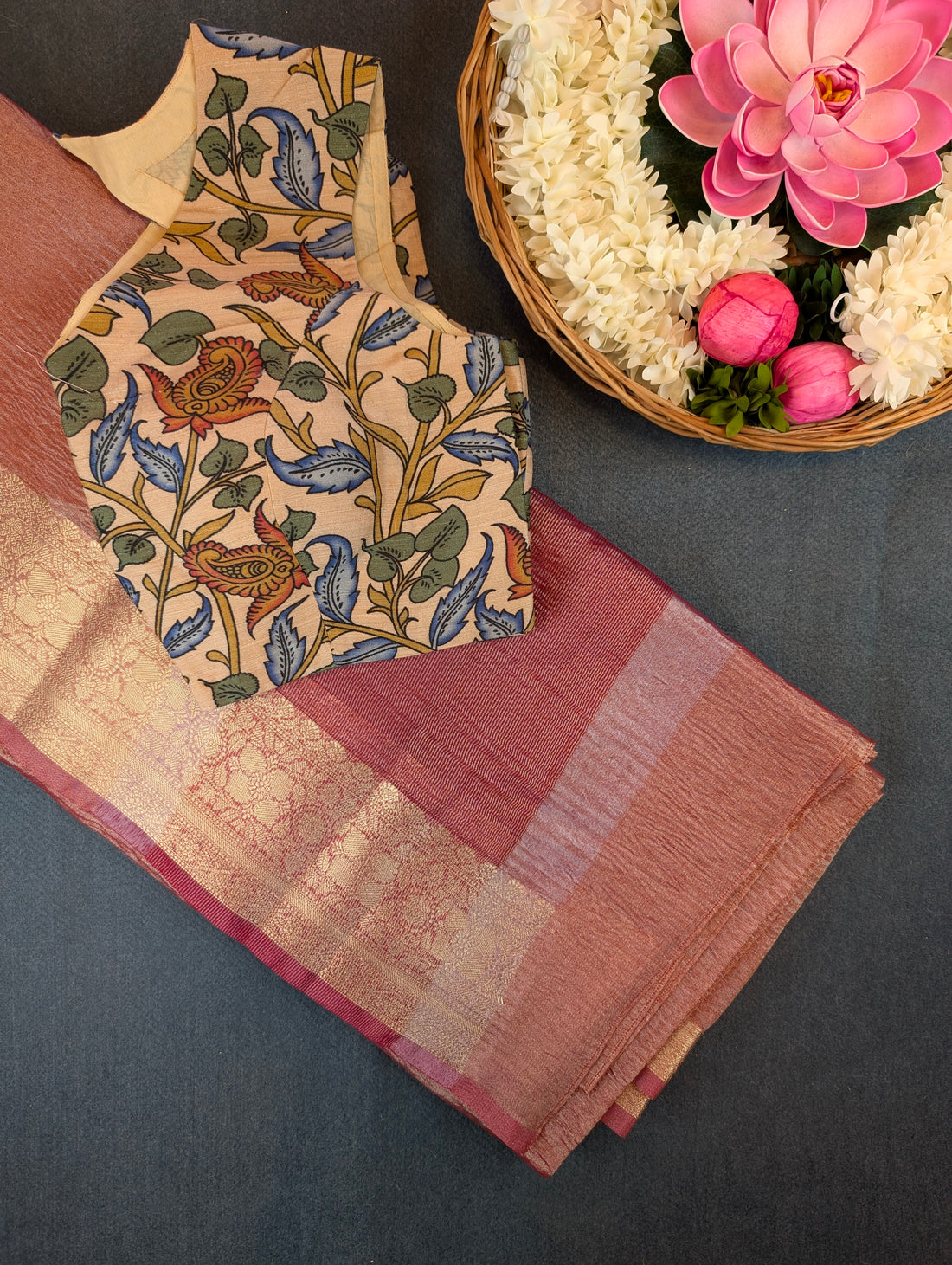 Rose Pink Tissue Saree with Stitched Blouse