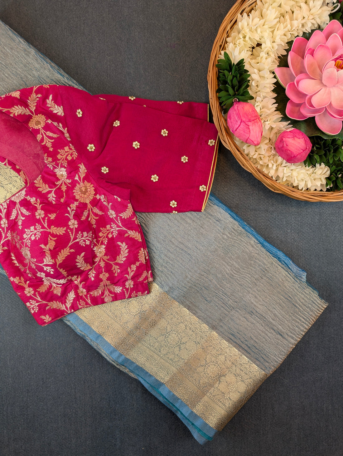 Blue Tissue Saree with Stitched Blouse
