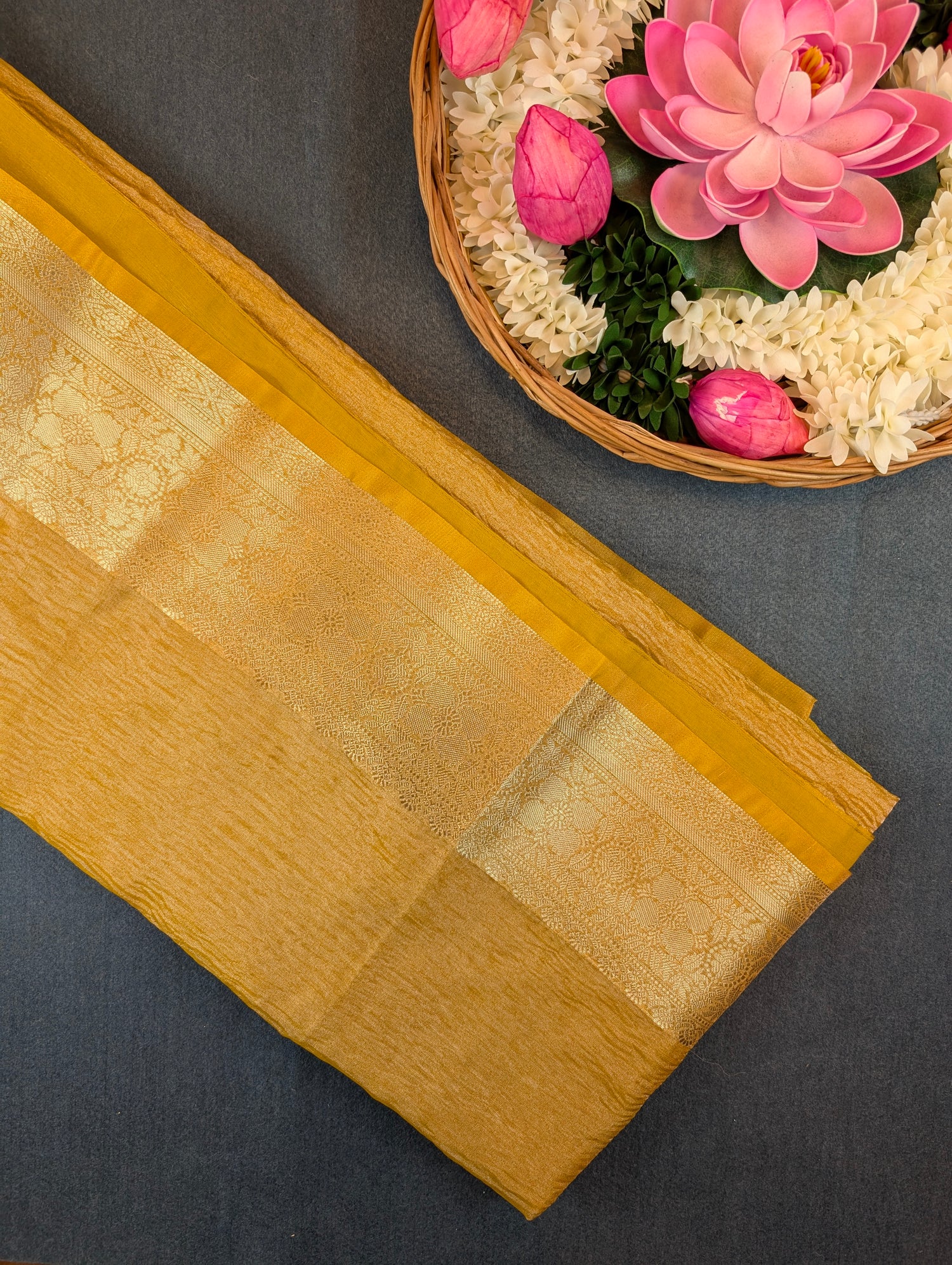 Mustard Tissue Saree with Stitched Blouse