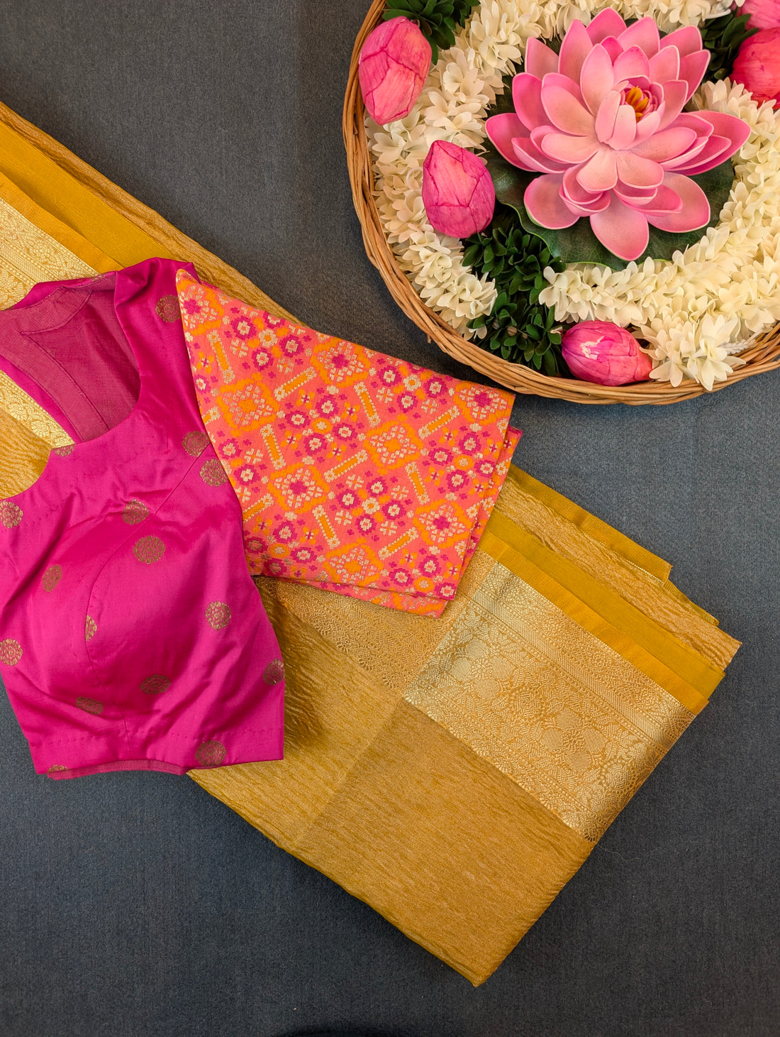 Mustard Tissue Saree with Stitched Blouse