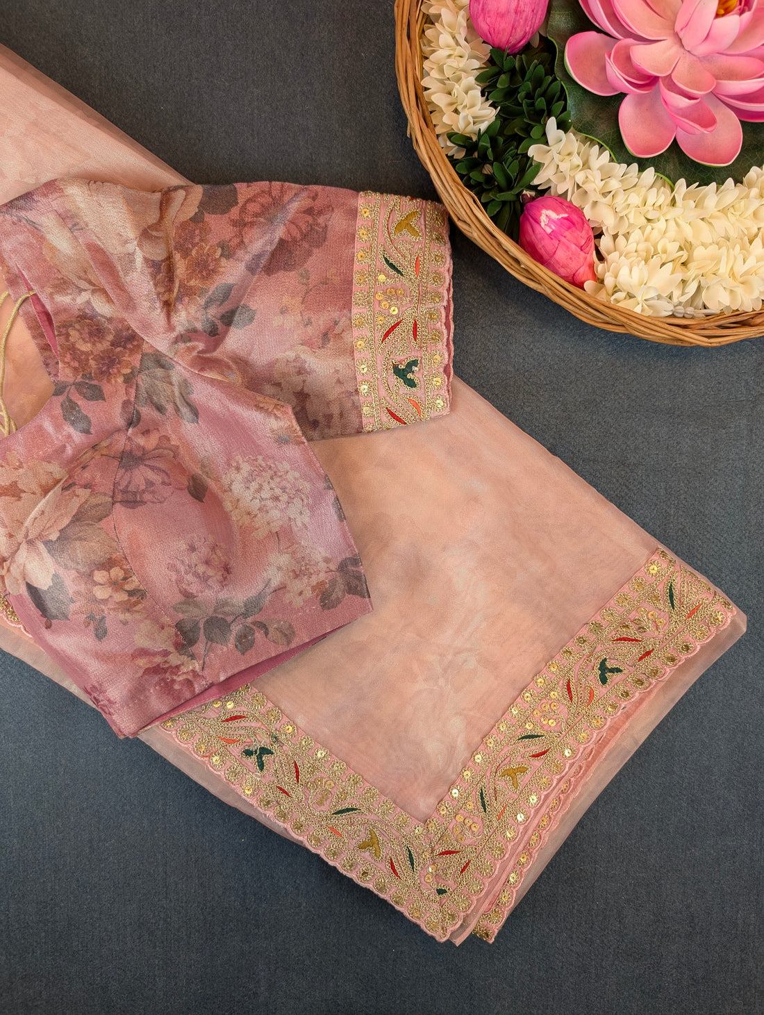 Pure Tissue Silk Saree with a Stitched Blouse - Peach