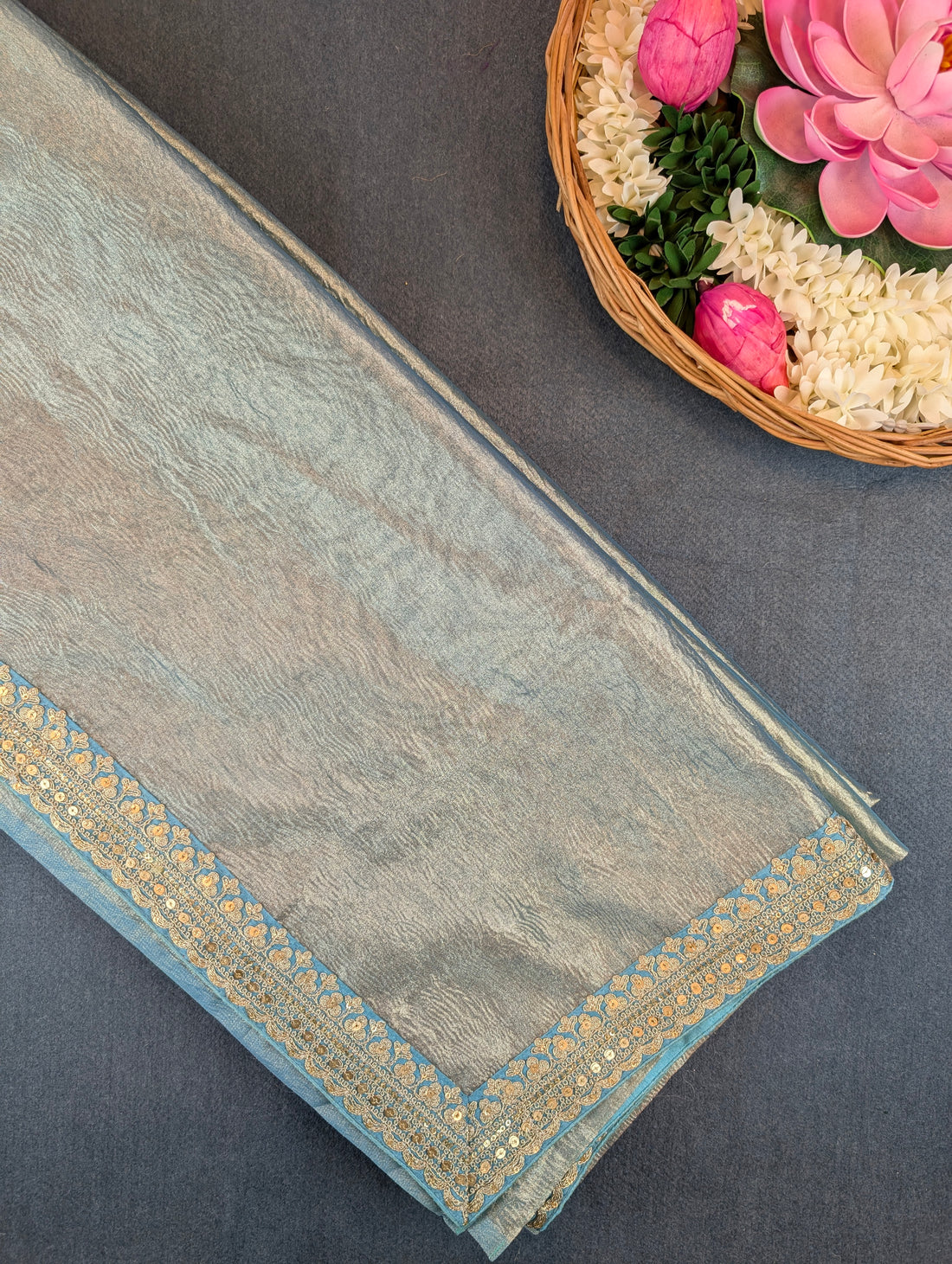 Pure Tissue Silk Saree with a Stitched Blouse - Sky Blue