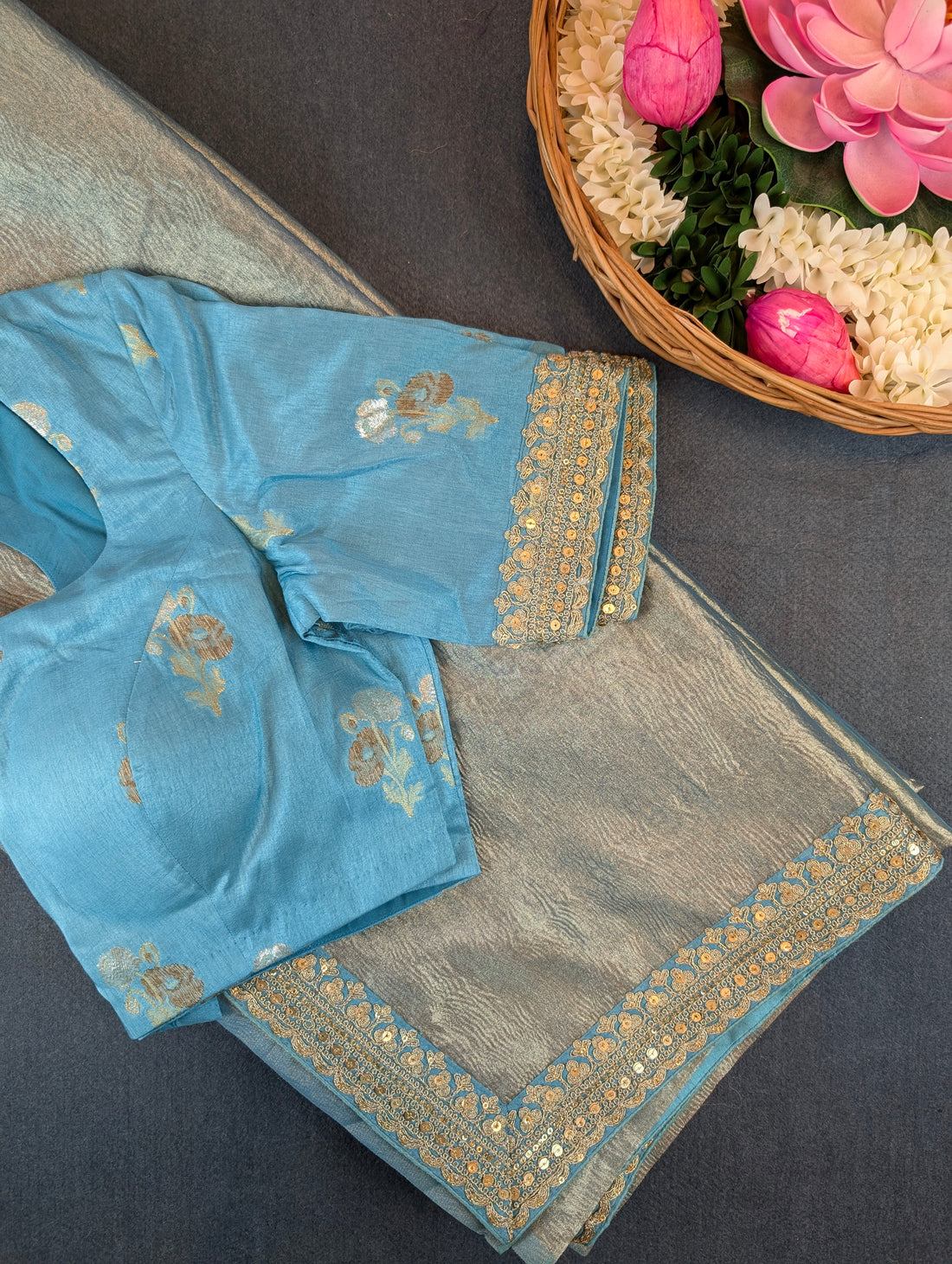Pure Tissue Silk Saree with a Stitched Blouse - Sky Blue