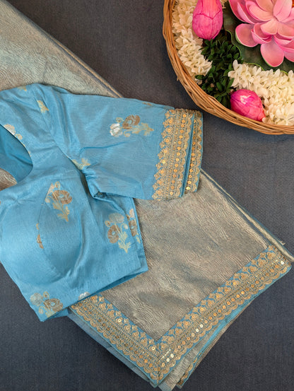 Pure Tissue Silk Saree with a Stitched Blouse - Sky Blue