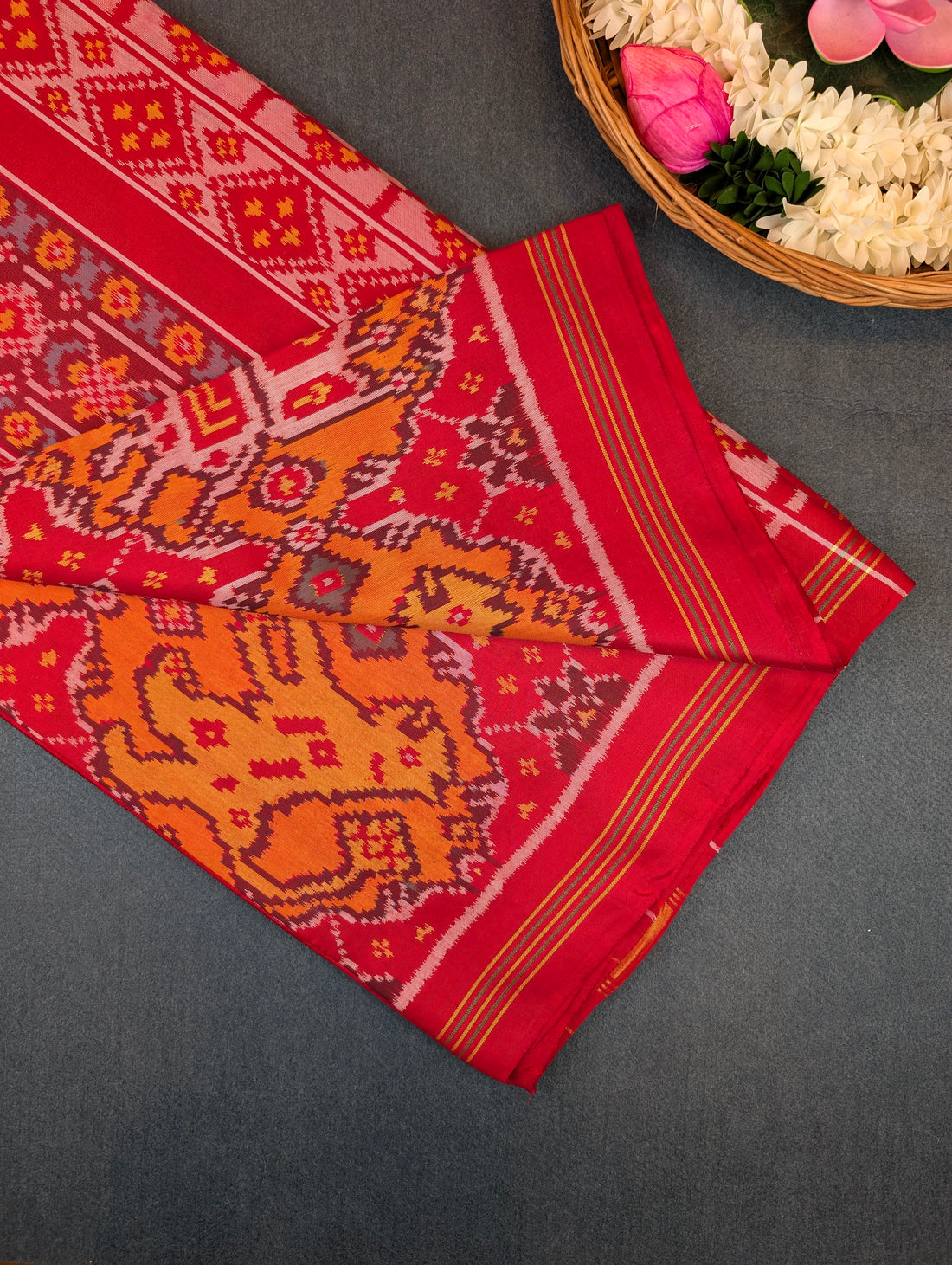 Handloom Patola Pure Silk Saree X Crimson Red &amp; Burnt Orange