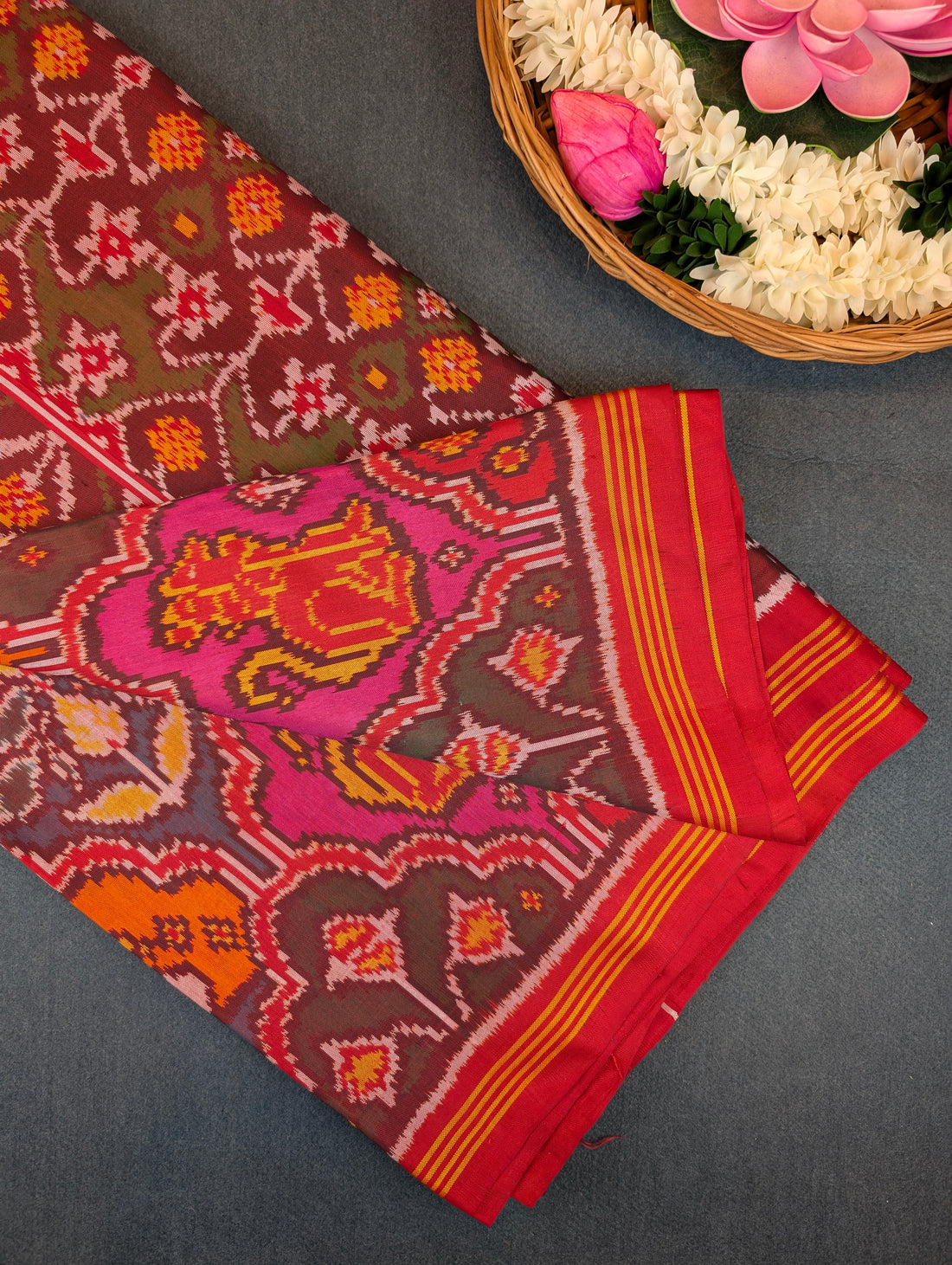 Handloom Patola Pure Silk Saree X Multicolor Brick Red base
