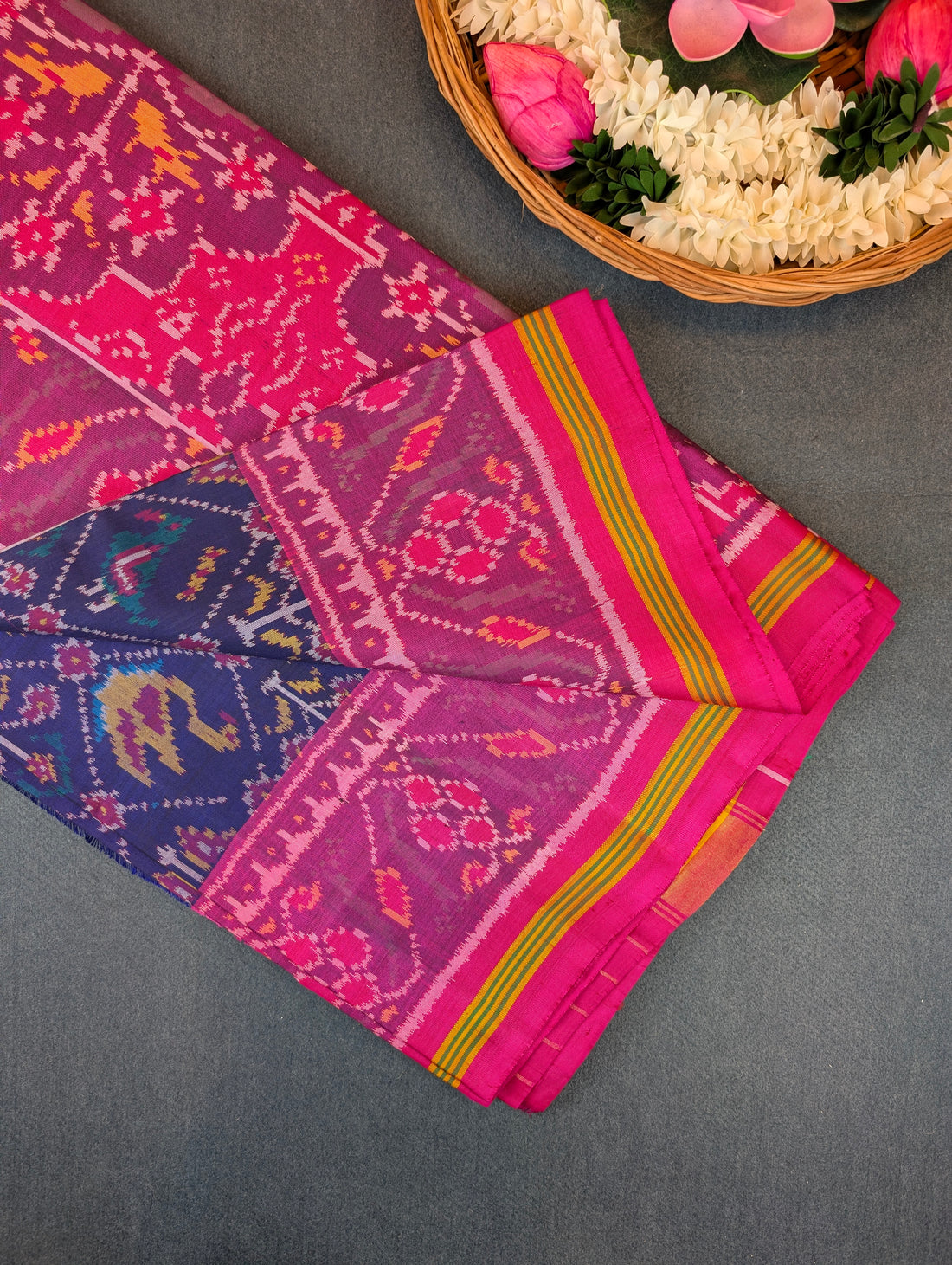 Handloom Patola Pure Silk Saree X Royal Blue base with Rani Pink Border