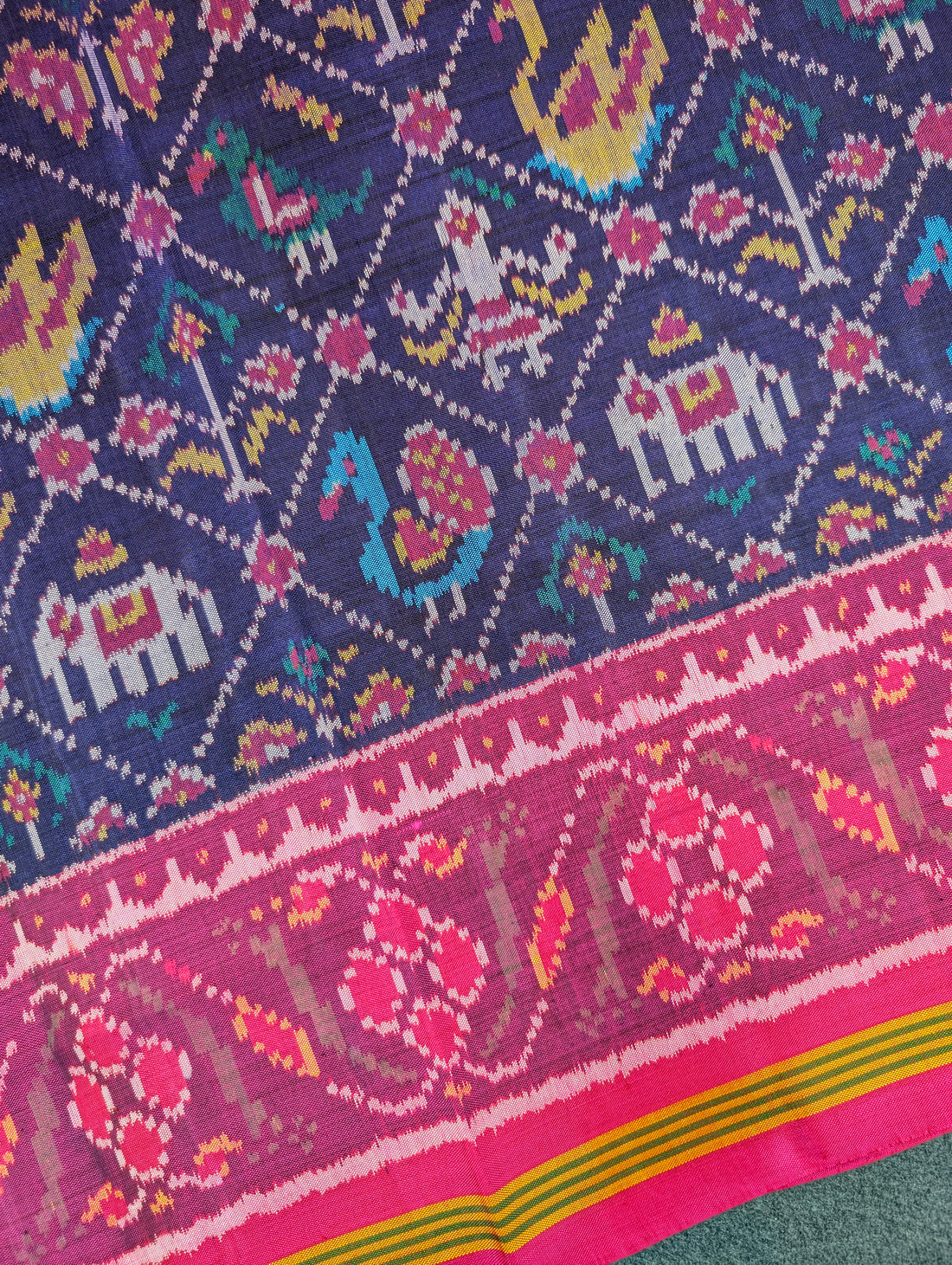 Handloom Patola Pure Silk Saree X Royal Blue base with Rani Pink Border
