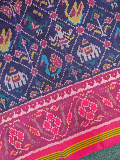 Handloom Patola Pure Silk Saree X Royal Blue base with Rani Pink Border