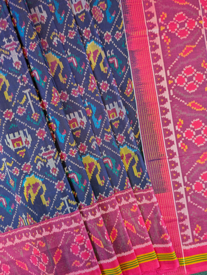 Handloom Patola Pure Silk Saree X Royal Blue base with Rani Pink Border