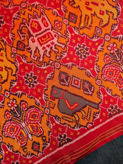 Handloom Patola Pure Silk Saree X Crimson Red &amp; Burnt Orange