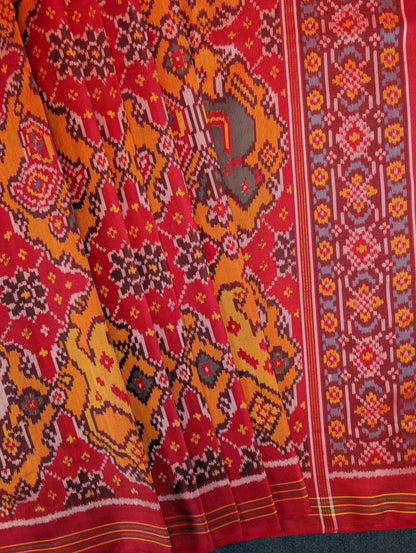 Handloom Patola Pure Silk Saree X Crimson Red &amp; Burnt Orange