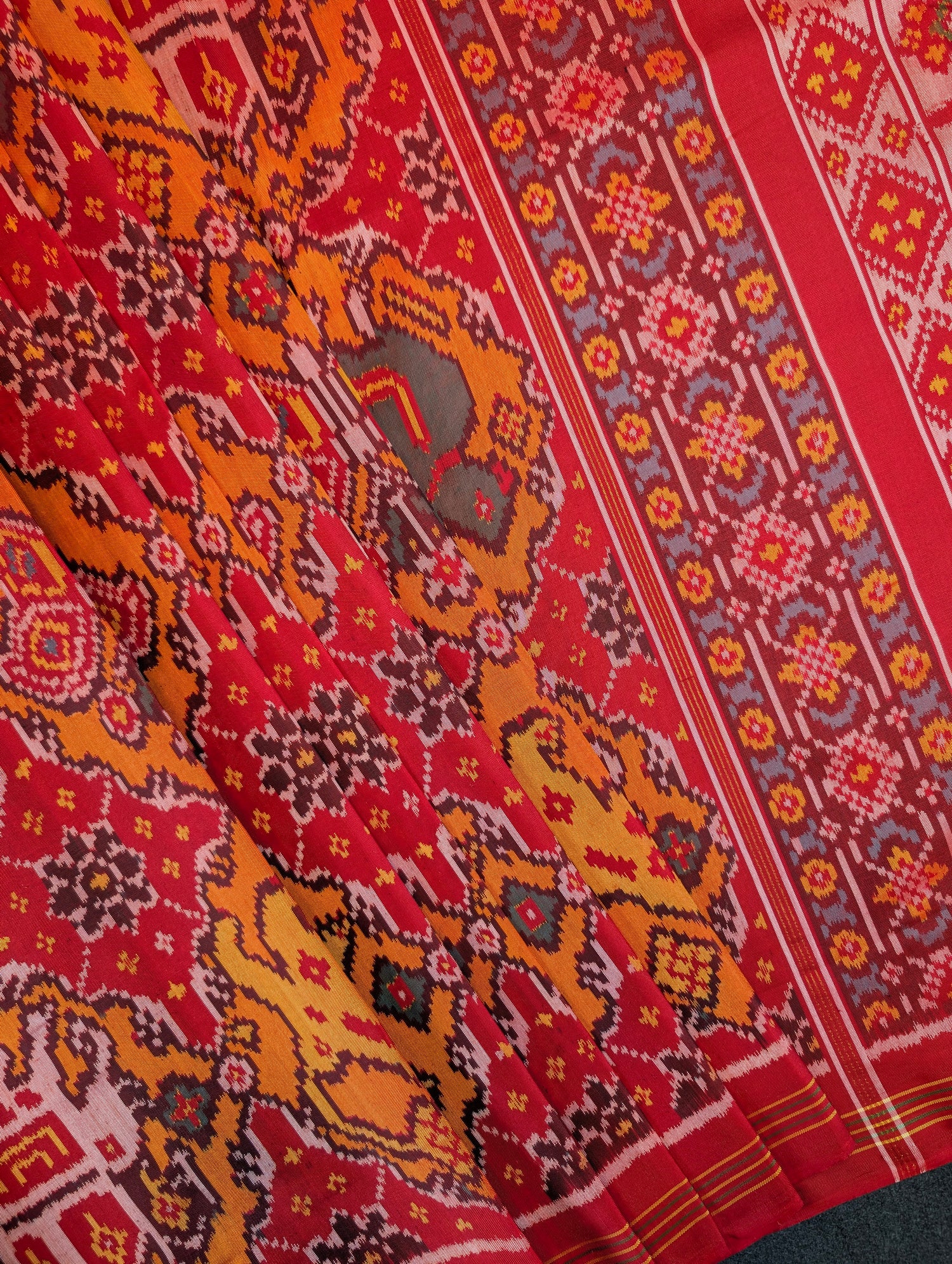 Handloom Patola Pure Silk Saree X Crimson Red &amp; Burnt Orange