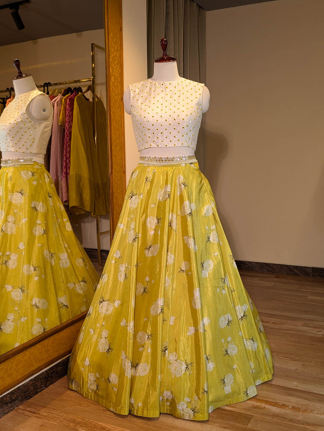 Sunny Yellow Floral Lehenga with Embellished White Blouse