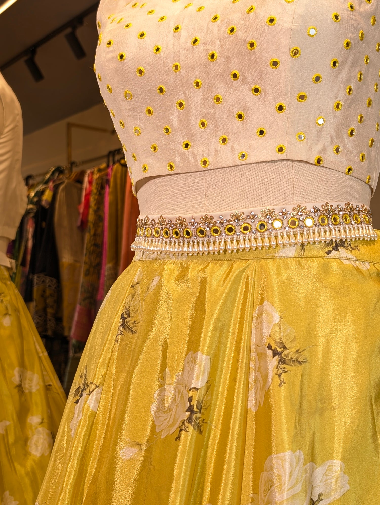 Sunny Yellow Floral Lehenga with Embellished White Blouse