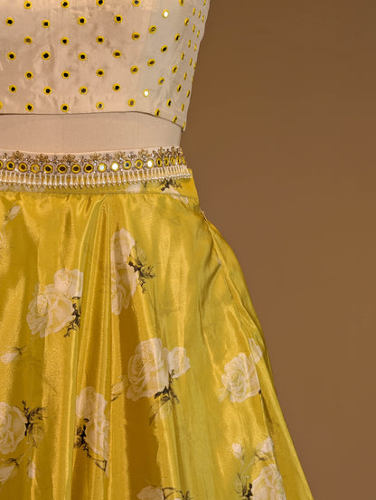 Sunny Yellow Floral Lehenga with Embellished White Blouse