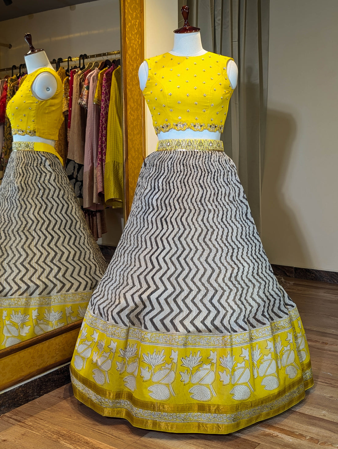 Chevron Print Skirt with Mustard Lotus Zari Border
