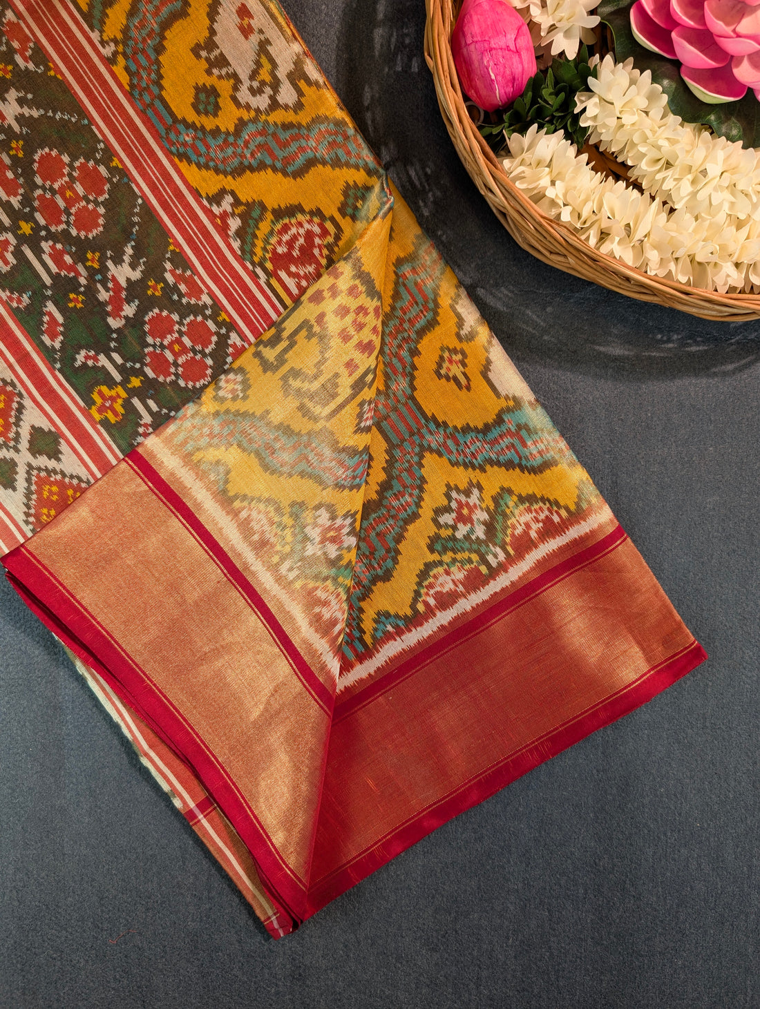 Handloom Tissue Patola Pure Silk Saree X Vibrant Yellow &amp; Maroon