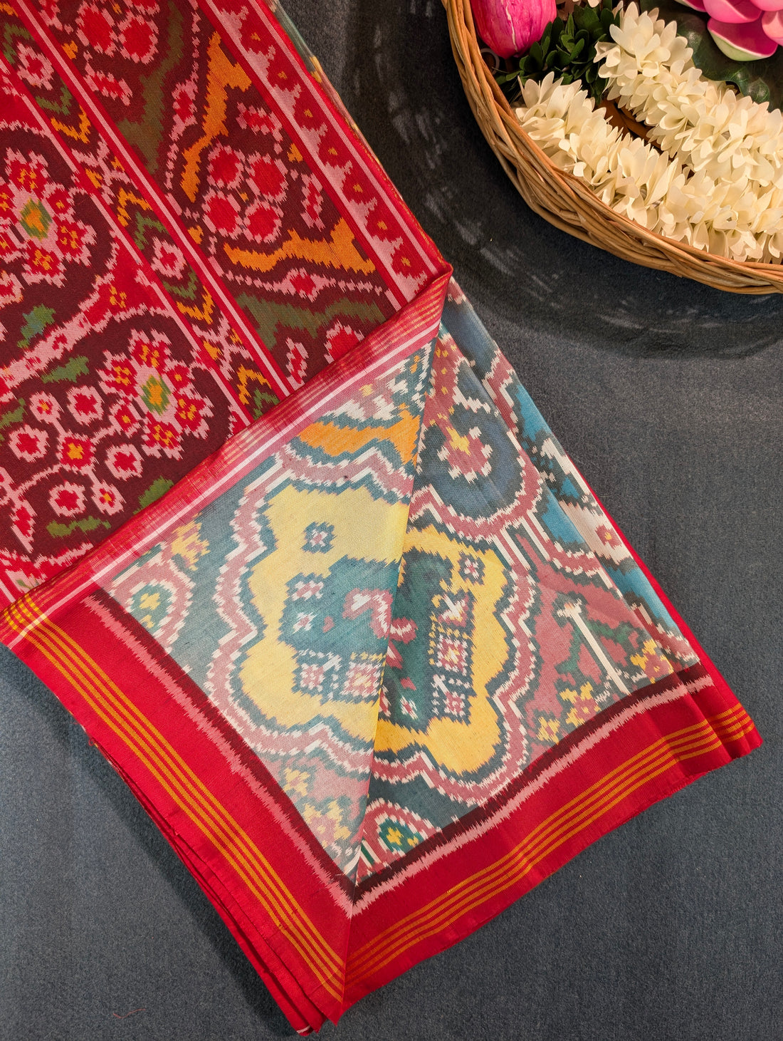 Handloom Tissue Patola Pure Silk Saree X Multicolor with Red Border