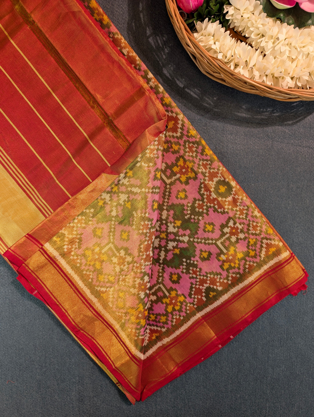 Handloom Tissue Patola Pure Silk Saree X Pink &amp; Mustard