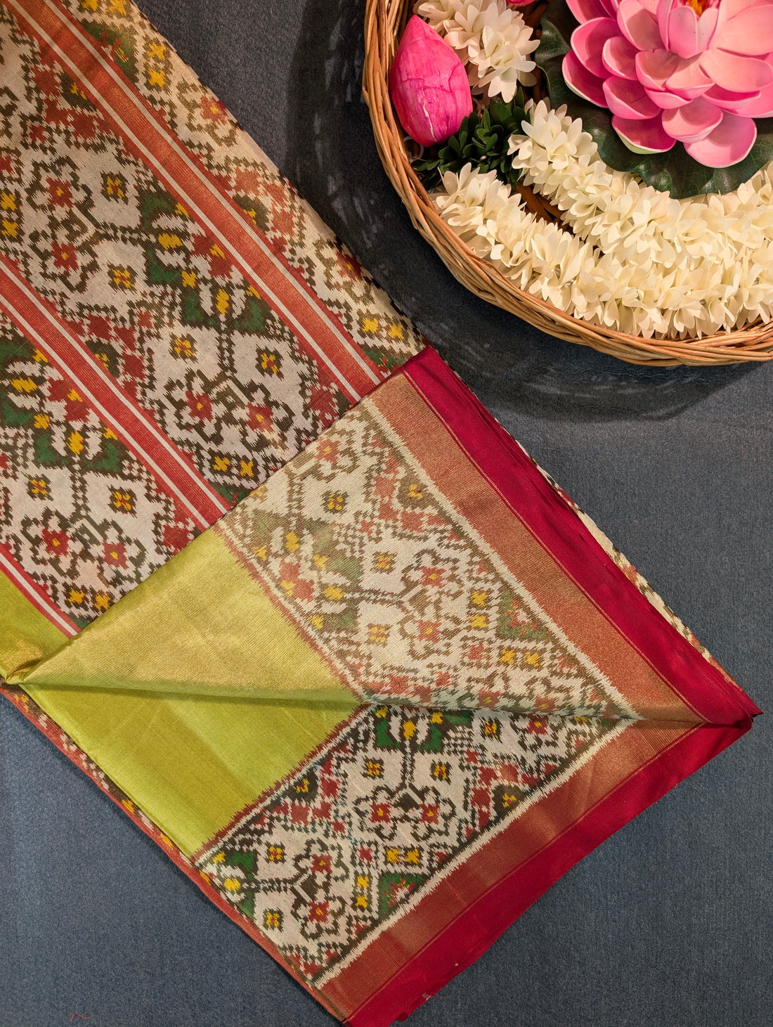 Handloom Tissue Patola Pure Silk Saree X Olive Green