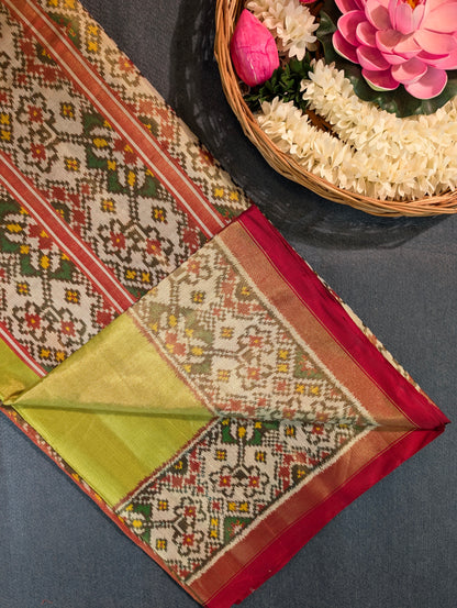 Handloom Tissue Patola Pure Silk Saree X Olive Green