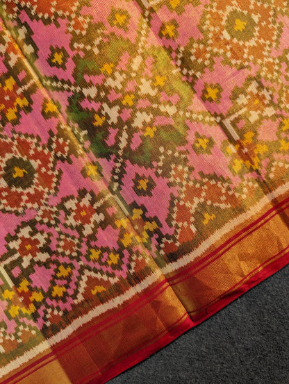 Handloom Tissue Patola Pure Silk Saree X Pink &amp; Mustard