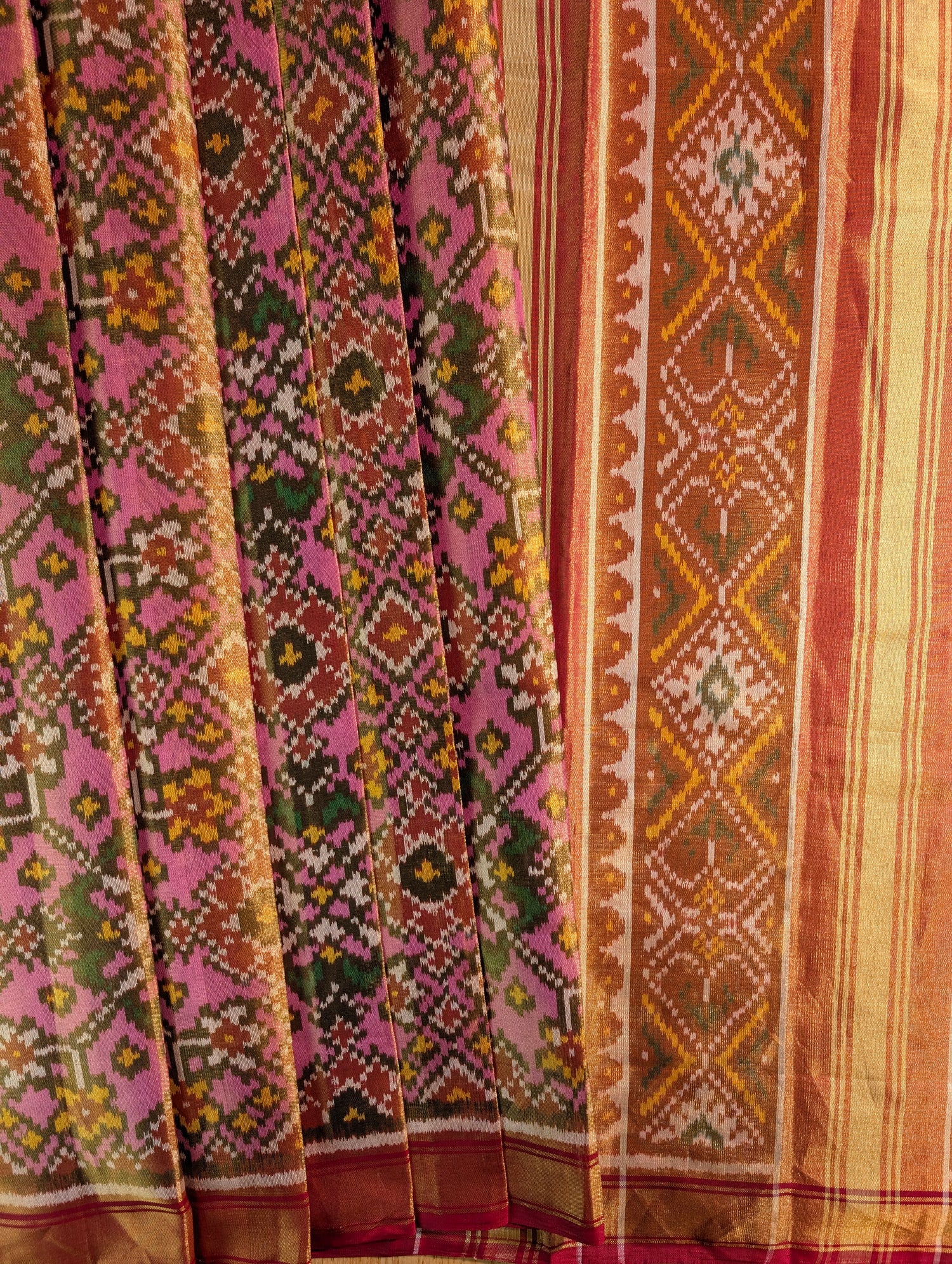 Handloom Tissue Patola Pure Silk Saree X Pink &amp; Mustard